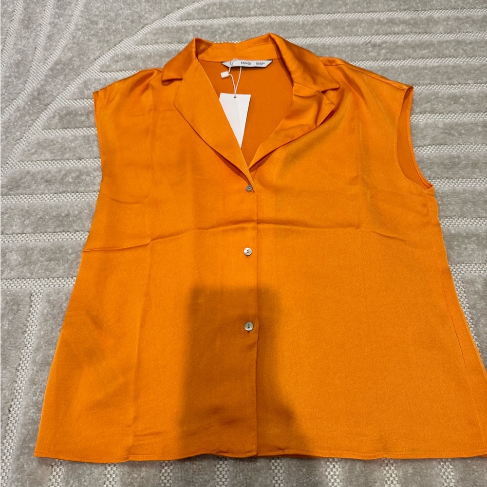 Mango Orange Button Down Blouse with Notched Collar and Boxy Fit